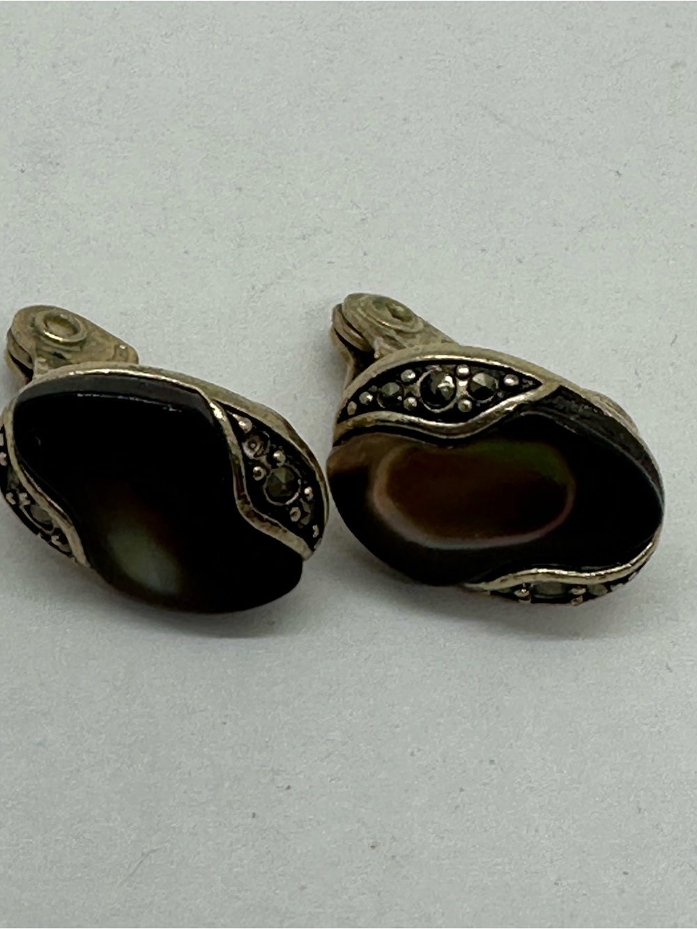 Monet Mother Of Pearl Faux Marcasite Silver Tone Clip On Earrings Signed Vintage